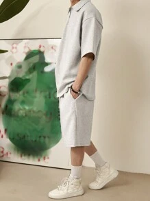 DAZY 男士夏季純色寬鬆休閒短袖Polo衫和短褲套裝 - 灰色 - 查看 8