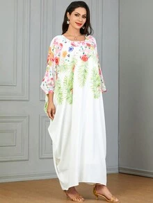 Style Printed Super Loose Women's Arabian Long Batwing Sleeve Robe For Home And Commuting - White - View 5
