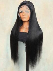 Transparent Lace Straight T Part Lace Wig Real Human Hair Lace Frontal Closure Wig With Front Baby Hair Pre Plucked Natural Hairline Wig Natural Black Color