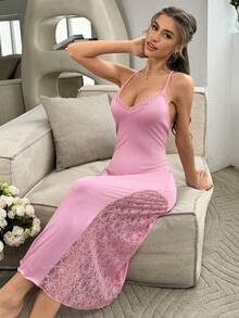 Ladies Sexy Lace Patchwork Crisscross Backless Long Night Dress - Pink - View 4