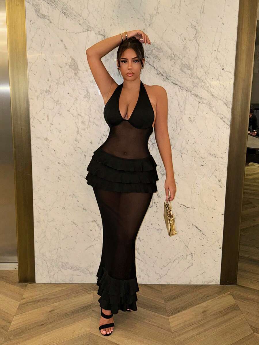 SHEIN SXY 女性網眼透視露背雪紡荷葉邊優雅性感連衣裙