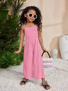 SHEIN Young Girl Knitted Plain Jumpsuit With Shoulder Straps For Spring And Summer Vacation And Leisure