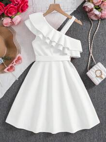 SHEIN Explorewe Vestido de doble capa con hombros de volantes para niña preadolescente para vacaciones - Blanco - Ver 2