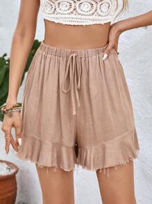 SHEIN VCAY Short de lino tejido sólido con dobladillo con volantes para vacaciones - Caqui - Ver 1