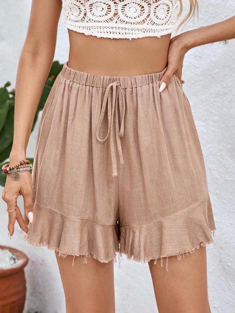 SHEIN VCAY Short de lino tejido sólido con dobladillo con volantes para vacaciones - Caqui - Ver 1