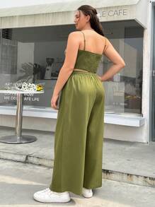 SHEIN EZwear Women Plus Size Summer Casual Linen Texture Tank Top And Long Pants Set