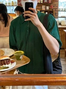 DAZY Camisa de punto de unicolor de verano para hombre, atuendo de negocios - Verde Oscuro - Ver 6