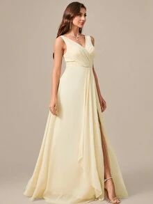 V-Neck Sleeveless Criss Cross Ruffles Chiffon Formal Evening Dress - Apricot - View 5