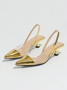 Fall/Winter Women Color Block Pointy Toe Slingback Pumps: Chic Minimalism For Daily & Versatile Spring-Summer Outfit, Golden High-Heeled Shoes, Elegant, Kitten Heels, Party - Gold - View 5
