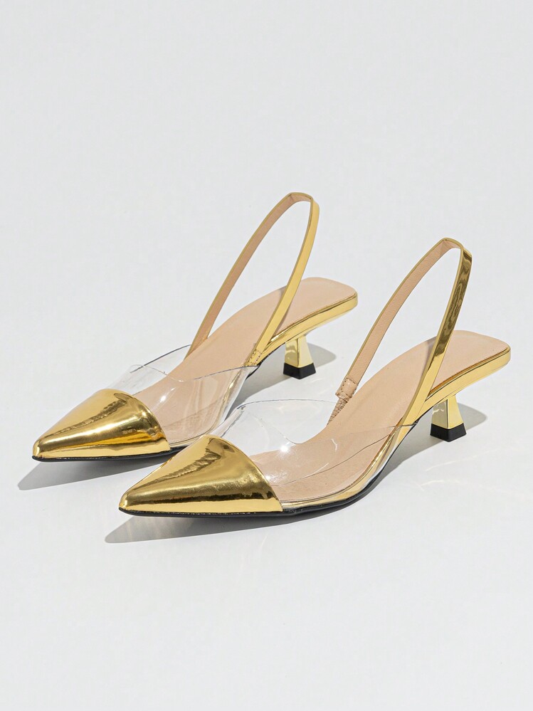 Tacones de mujer con punta puntiaguda y tira en el talón de color block para otoño/invierno: minimalismo elegante para atuendos diarios y versátiles de primavera-verano, zapatos de tacón alto dorados, elegantes, de tacón de gatito, para fiesta - Dorado - Añade 5
