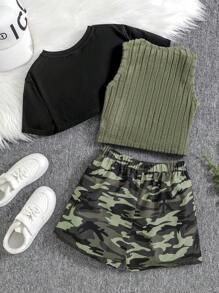SHEIN Maglietta liscia e pantaloncini con stampa mimetica e canotta per ragazza preadolescente - nero - Visualizzare 2