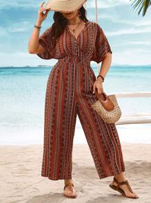 SHEIN Clasi 大码女式波西米亚风度假风格花卉印花 V 领蝙蝠袖宽腿宽松连体裤，适合夏季