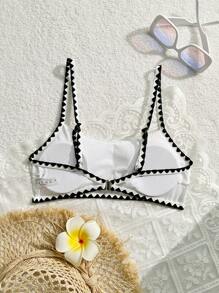 SHEIN Swim 女士夏季海灘對比邊緣凸花比基尼上衣 - 黑與白 - 查看 5