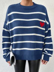 EURMUSE Women's Plus Size Striped Heart Pattern Pullover Sweater - Navy Blue - View 3