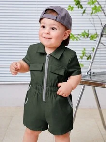 SHEIN Baby Boy Leisure Comfort Color Block Jumpsuit With Pockets - Army Green - View 5