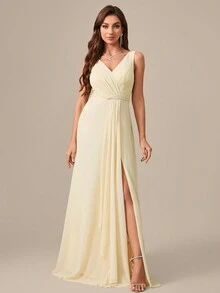 V-Neck Sleeveless Criss Cross Ruffles Chiffon Formal Evening Dress - Apricot - View 6