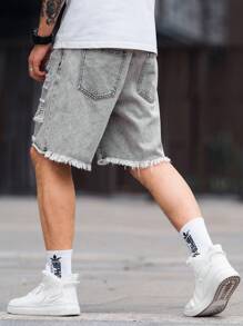 Manfinity Homme 男士春夏休闲破洞牛仔短裤纯色牛仔短裤度假宽松浅灰色牛仔短裤，适合老公、男朋友的礼物