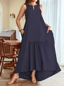 SHEIN LUNE Váy dài không tay cổ chữ V rộng rãi màu xanh navy cỡ lớn dành cho nữ - Màu xanh lam - Xem 3