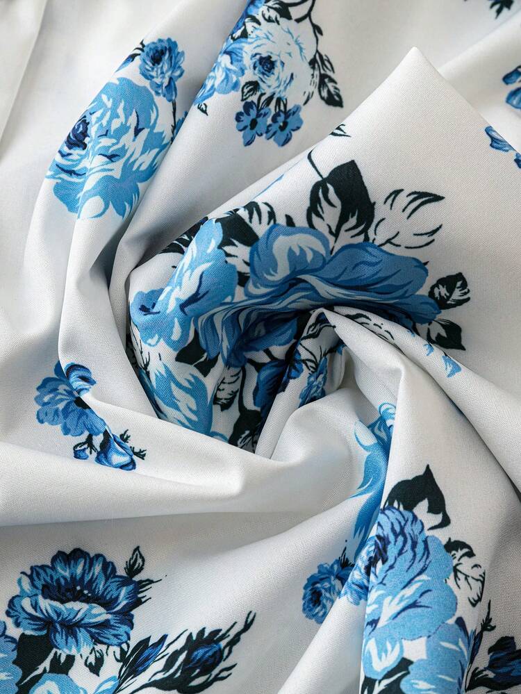 Plus Size Spring/Summer Holiday Style Floral Print Lapel Collar Long Sleeve Elegant Dress