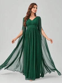 UNITHORSE Pleated V-Neck Floor-Length Chiffon Evening Dress With Draping Sleeves, Elegant Long Sleeve Bridesmaid Dress - 墨綠色 - 查看 6