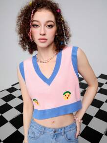 SHEINNeu Women's Summer Contrast Trim Graphic Pattern Sweater Vest - Pink - View 3