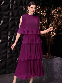 Modelyn Vestido de verano para mujer de unicolor con mangas tipo capa y cuello tipo solapa, borde con volantes multicapa y diseño elegante de vestidos largos de noche