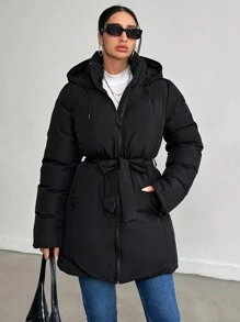 EURMUSE Thick Warm Padded Coat With Solid Colour, Belt, Two Side Pockets, Adjustable Hood, Zipper Closure, And Warm - Black - View 1