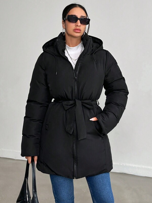 Thick Warm Padded Coat With Solid Colour, Belt, Two Side Pockets, Adjustable Hood, Zipper Closure, And Warm