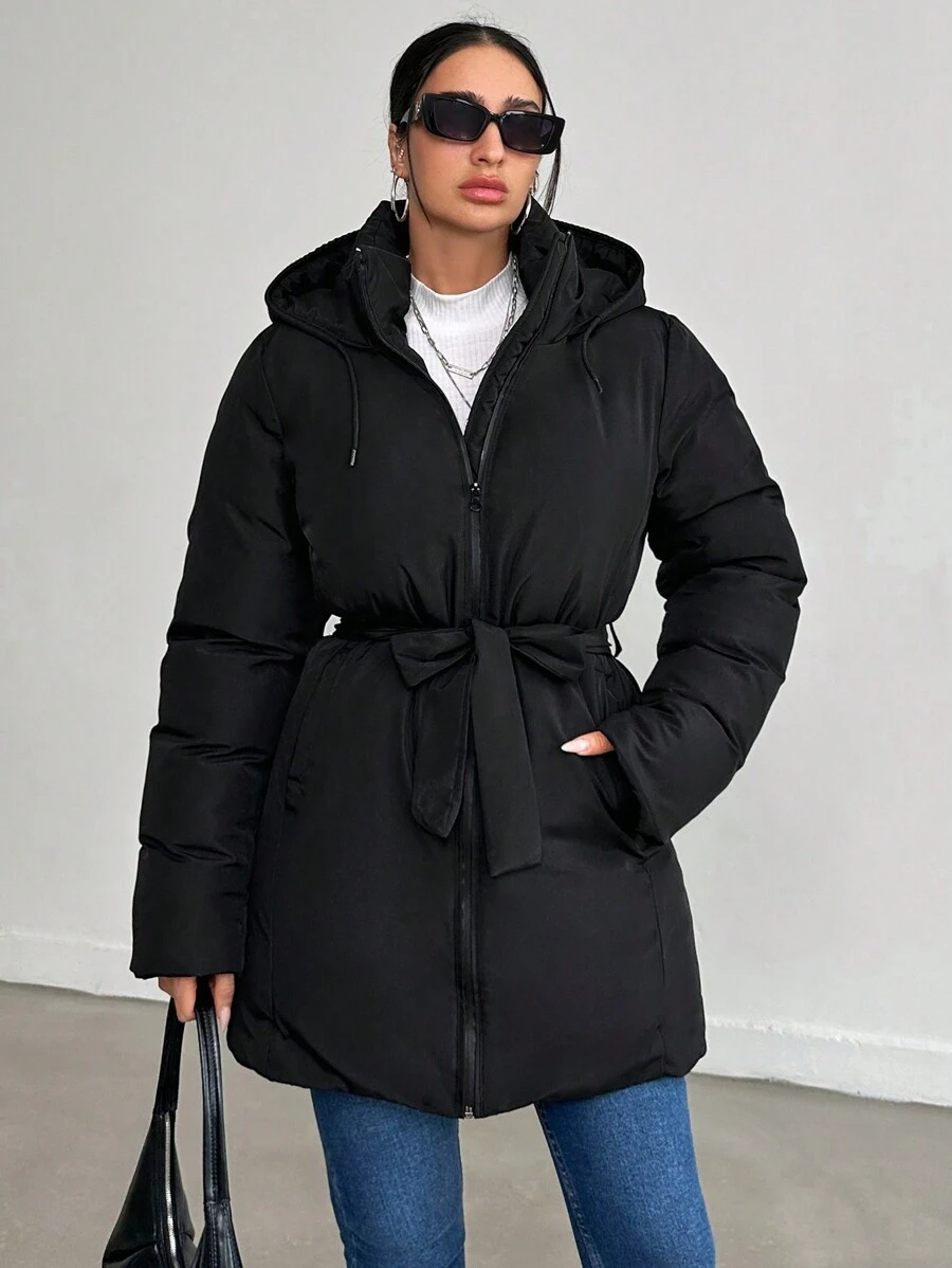 EURMUSE Thick Warm Padded Coat With Solid Colour, Belt, Two Side Pockets, Adjustable Hood, Zipper Closure, And Warm - Black - View 1