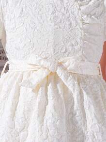 SHEIN Tween Girl zomerse elegante jurk met opstaande kraag, korte pofmouwen, bloemenjacquard en strikversieringen