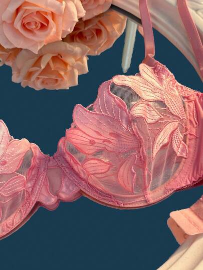 Women Bloemen Geborduurde Mesh BH Slipje Underwear Set Underwire, Pieces Lingerie view 3