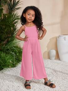 SHEIN Young Girl Knitted Plain Jumpsuit With Shoulder Straps For Spring And Summer Vacation And Leisure