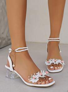 Frauen Sommer Neue Mode Floral Kristall Starke Ferse High Heels Fee Stil Faux Perle Schuhe