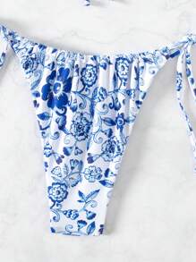SHEIN Swim 夏季海灘假期隨機花卉印花托裝非推擠式比基尼套裝 - 藍白色 - 查看 3