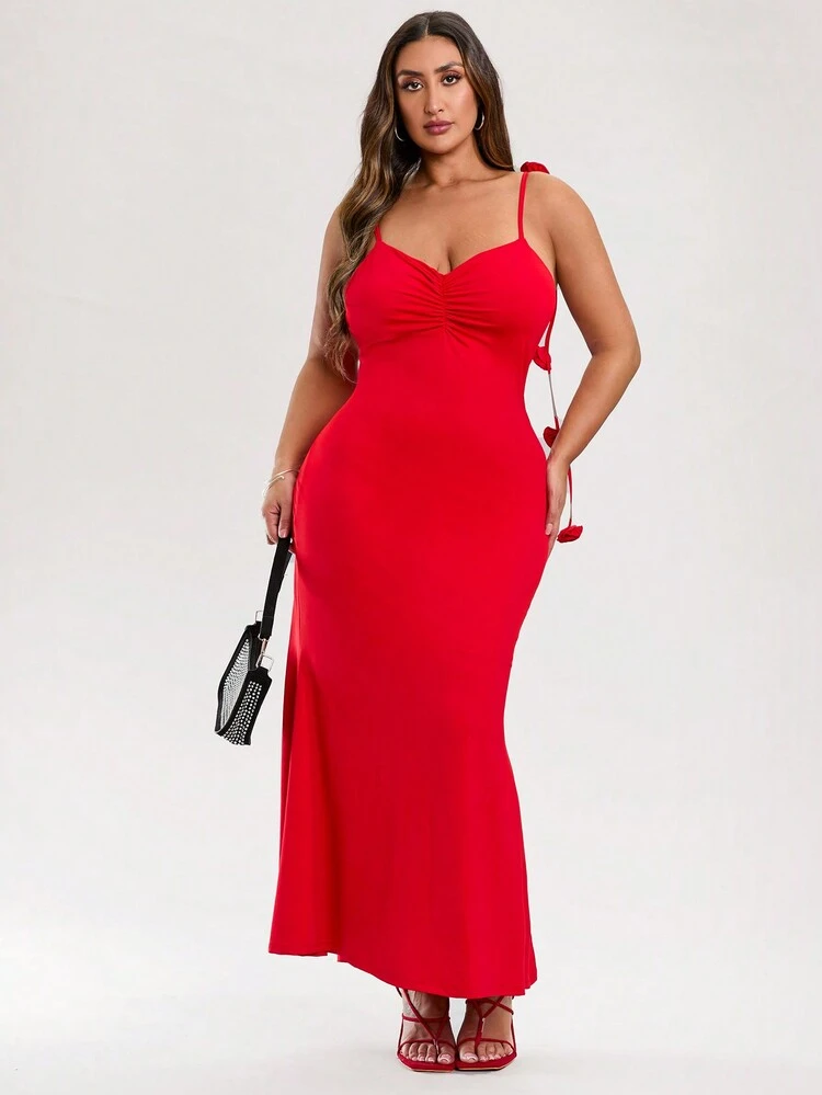 Elegant Plus Size Women Knitted Solid Color Bodycon Long Dress With 3D Flower