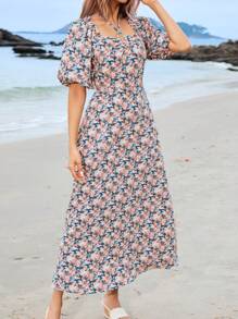 Mulvari Vestido árabe de manga abullonada con estampado floral completo para mujer