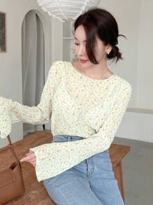 DAZY See-Through Texture Floral Print Slim Fit Flare Sleeve Women's Long Sleeve Top Summer,Ruffle - Multicolor - View 6