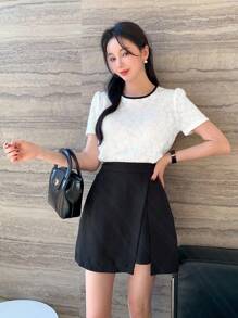 DAZY Áo sơ mi nữ tay ngắn rộng rãi màu tương phản, cổ tròn và thắt nơ, mùa hè, áo crop top nữ - trắng - Xem 5