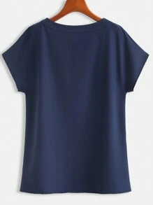 SHEIN LUNE 女士夏季純色圓領短袖襯衫，附帶綁帶和口袋 - 藏蓝色 - 查看 2