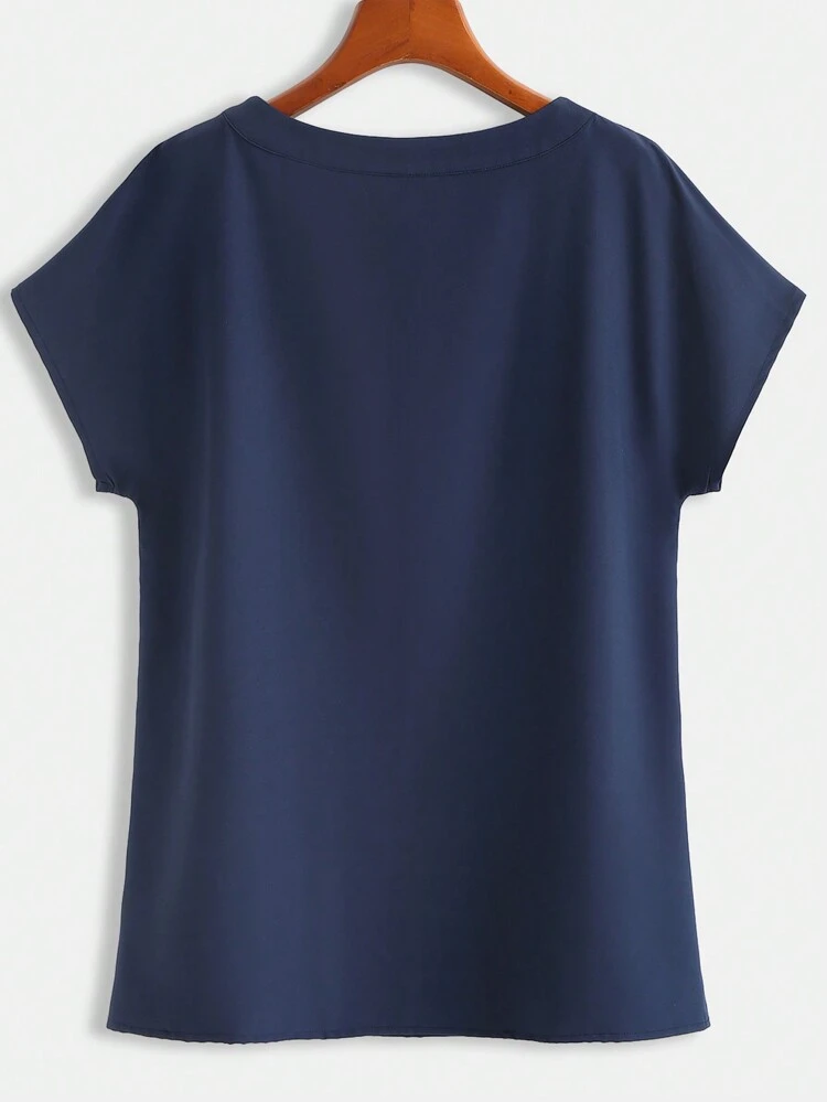 Women Summer Solid Color Round Neck Short Sleeve Shirt With Tie And Pocket