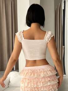 Sweetina Y2k Summer Spring Outfits Puff Sleeve, Lace, Ruched, And Frilled Decoration Fitted T-Shirt