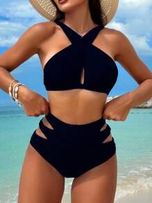 Swim Lushoire 女士纯色露背度假比基尼套装和泳裤两件套比基尼套装，夏季海滩