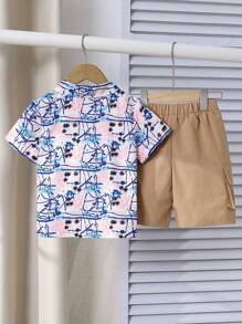 SHEIN Young Boy Spring And Summer Holiday Style Coconut Tree Print Short-Sleeved Shirt And Khaki Shorts Set - Multicolor - View 2