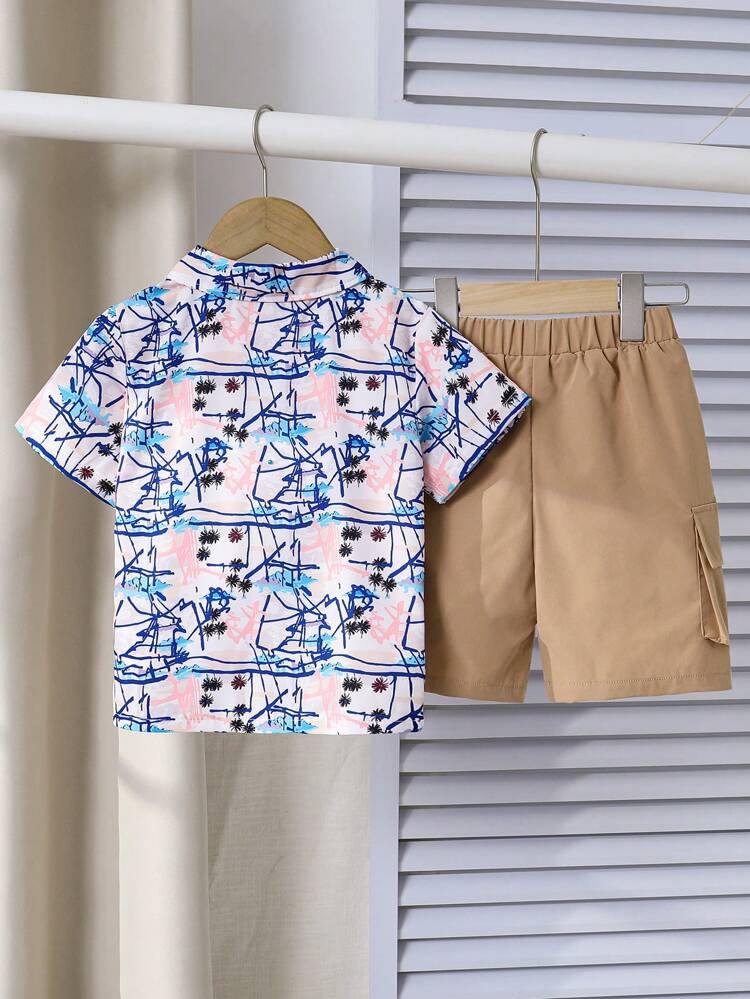 Young Boy Spring And Summer Holiday Style Coconut Tree Print Short-Sleeved Shirt And Khaki Shorts Set