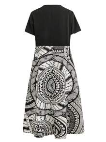 SHEIN LUNE Women Summer Loose And Elegant V-Neck Short Sleeve Button-Decorated Floral Print Patchwork Dress - Multicolor - View 2