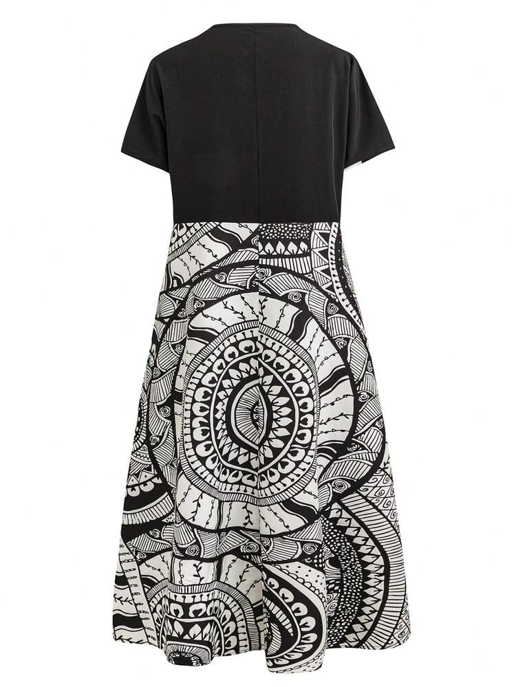 Women Summer Loose And Elegant V-Neck Short Sleeve Button-Decorated Floral Print Patchwork Dress