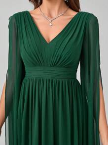 UNITHORSE Pleated V-Neck Floor-Length Chiffon Evening Dress With Draping Sleeves, Elegant Long Sleeve Bridesmaid Dress - 墨綠色 - 查看 8