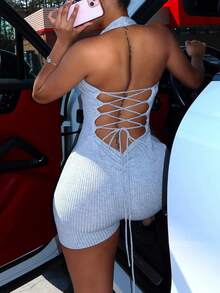 女士春夏挂脖露背吊带纯色休闲街头日常连体裤短裤 - 灰色 - 查看 2