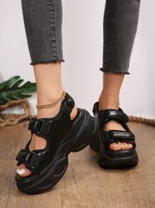 Sandales athlétiques pour femmes, sandales athlétiques à bout ouvert avec boucle et pour femmes, sandales compensées à semelle épaisse noires - Noir - Voir 2