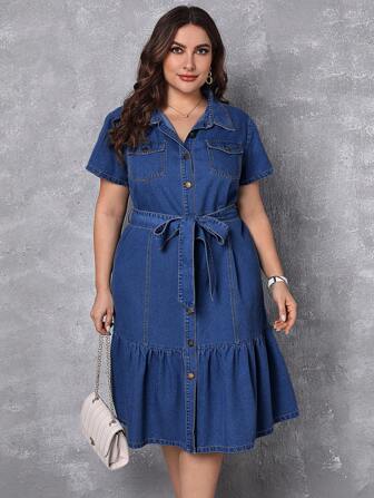 SHEIN Privé Plus Size Front Button Casual Denim Dress For Spring And Summer